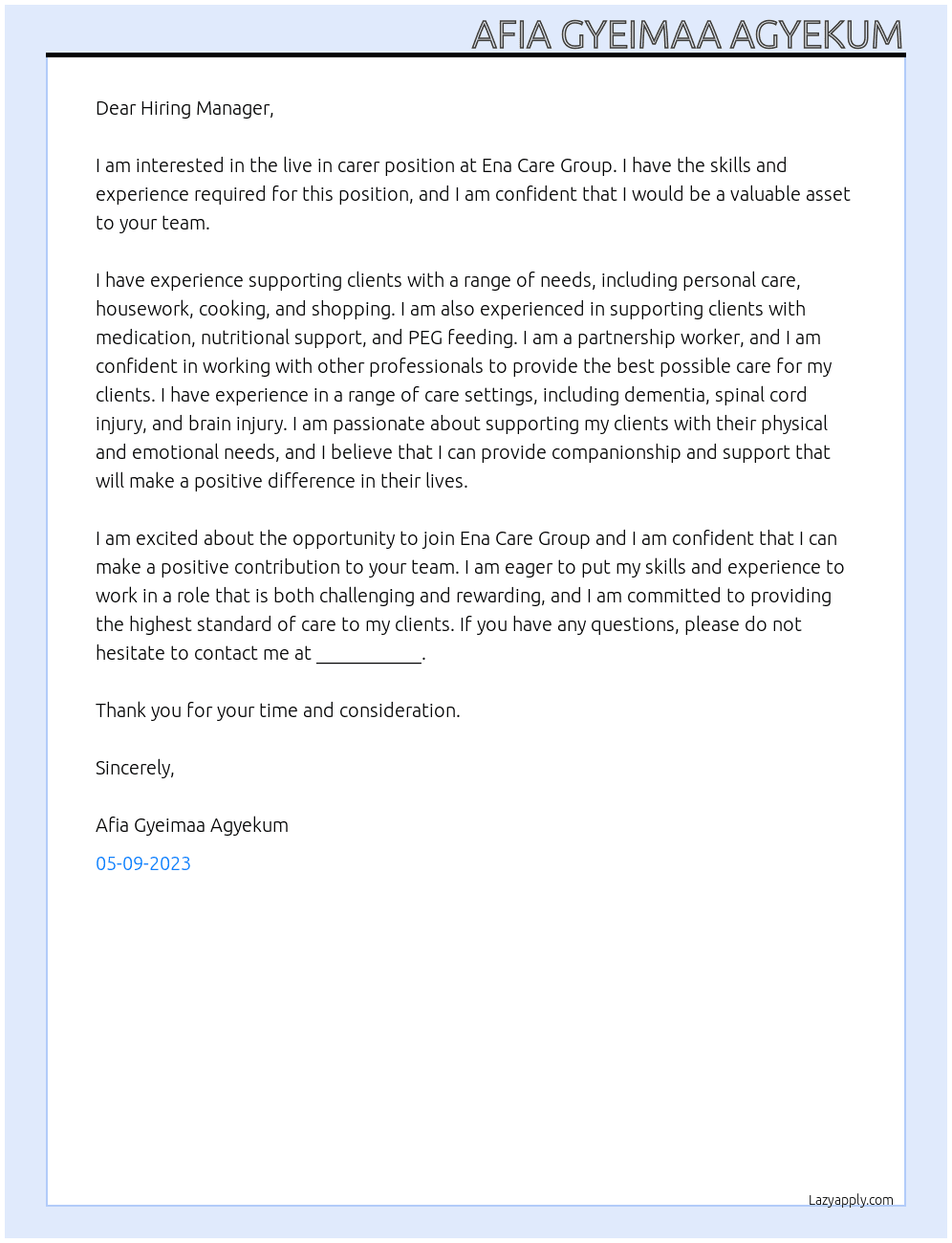Live in Carer At Ena Care Group Cover Letter