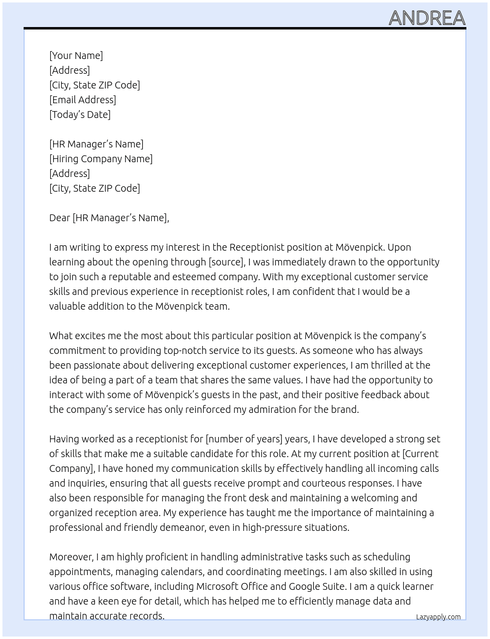 Receptionist At Mövenpick Cover Letter