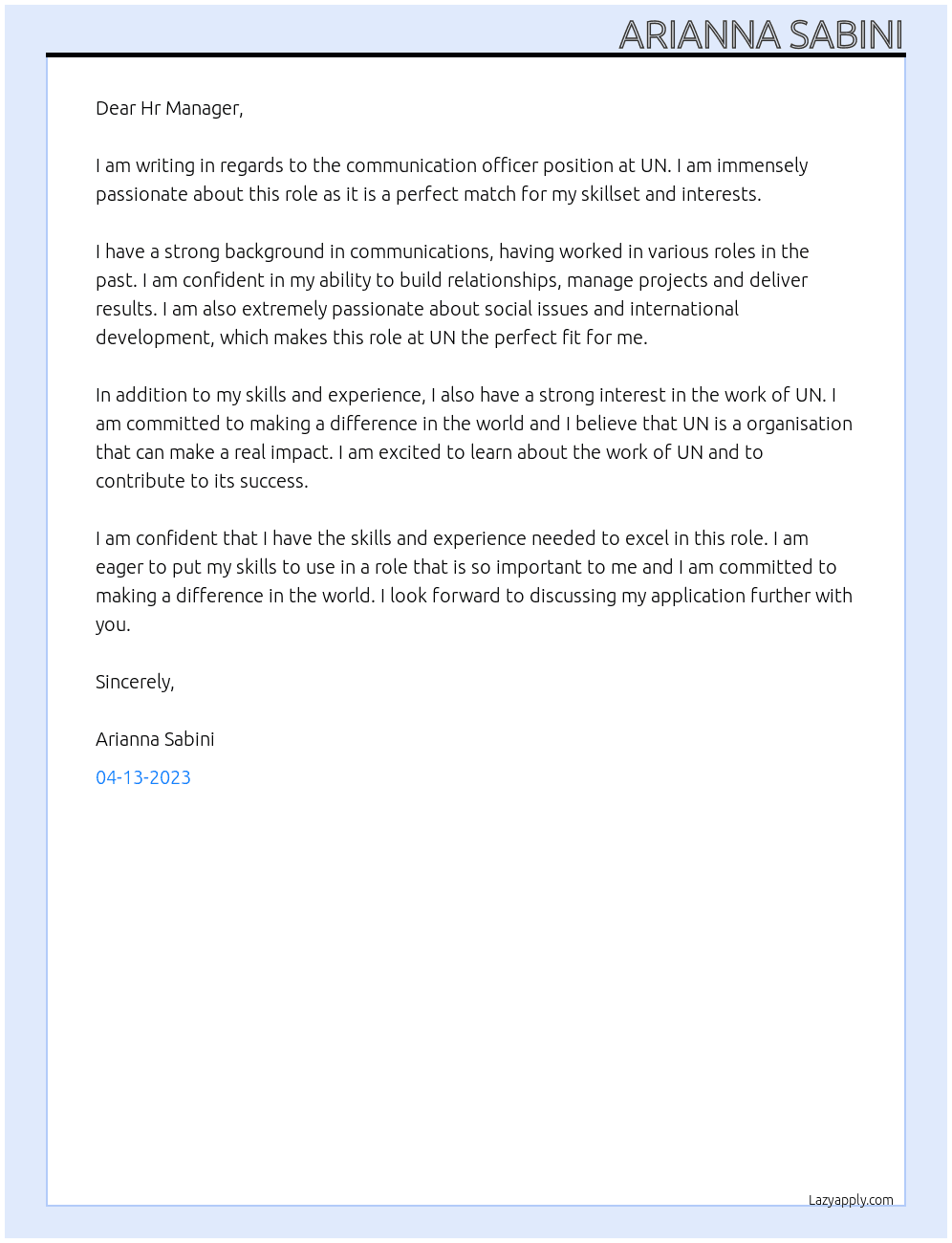 communication officer At UN Cover Letter