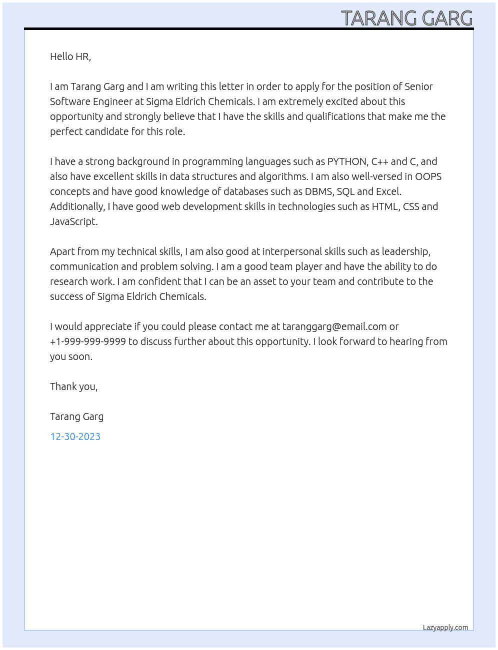 Senmior Software Engineer At Sigma Eldrich Chemicals Cover Letter
