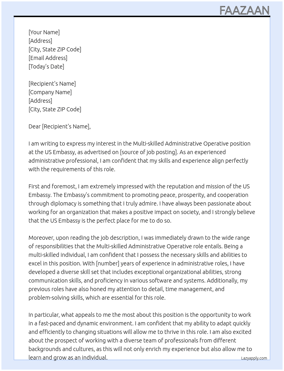 Multi-skilled administrative operative At US Embassy Cover Letter