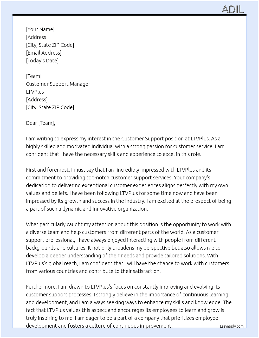 Customer Support At LTVPlus Cover Letter