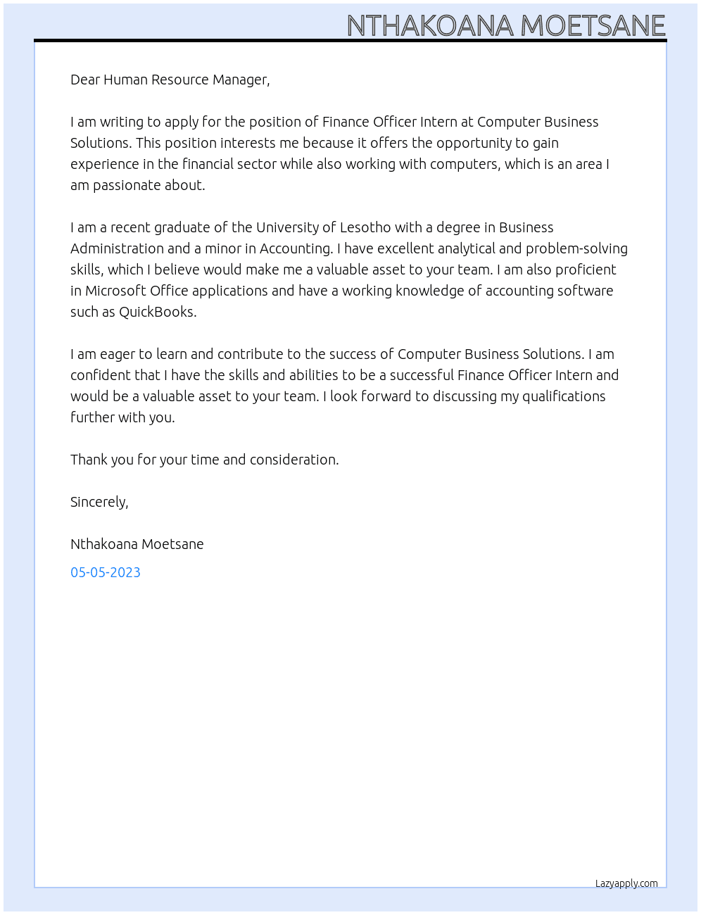 Finance officer Intern At Computer Business Solutions  Cover Letter
