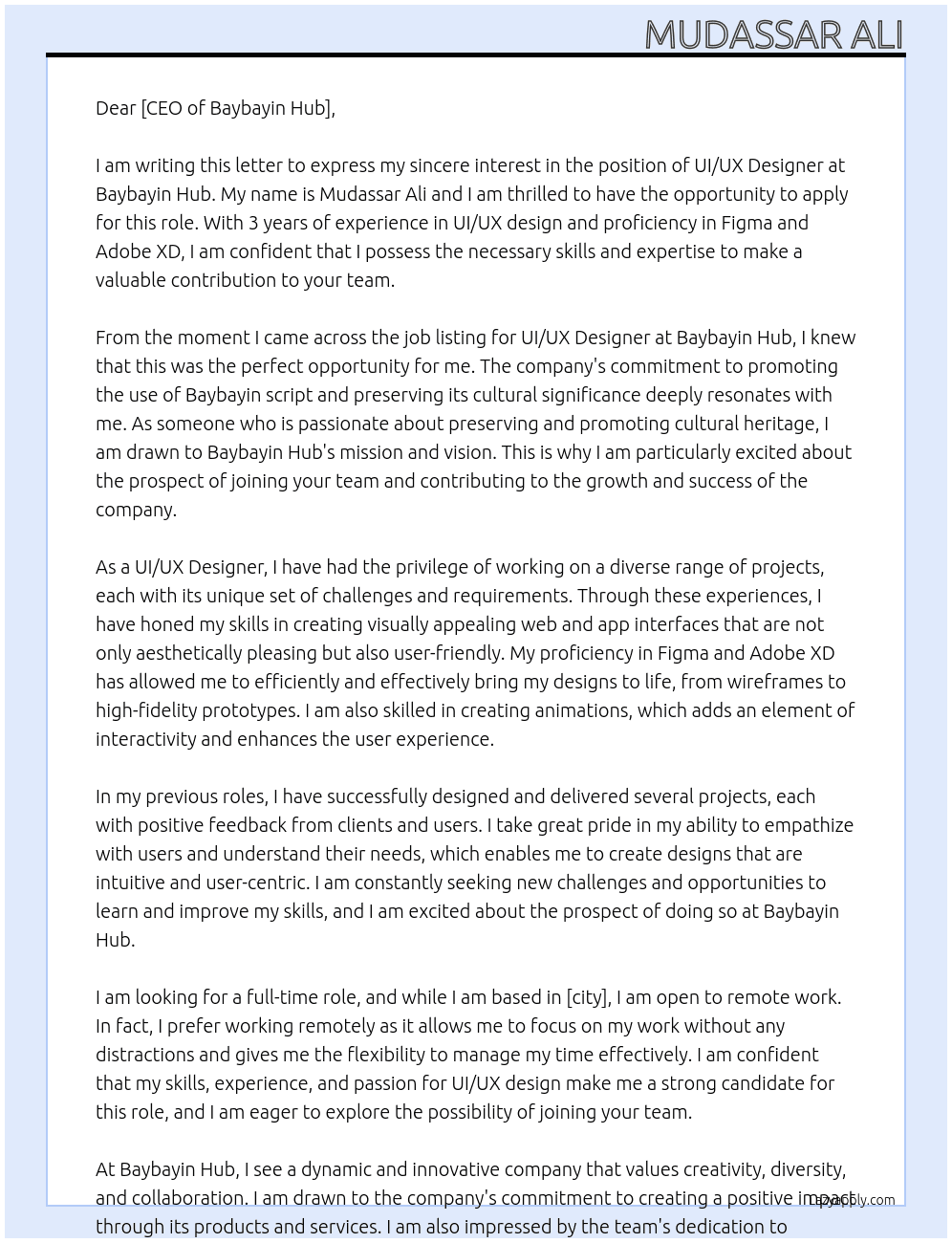 UI UX Designer  At Baybayin Hub Cover Letter