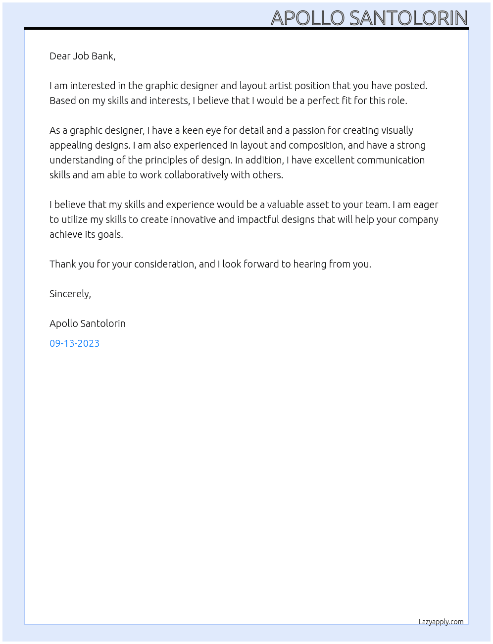 Graphic designer and Layout Artist At Job bank Cover Letter