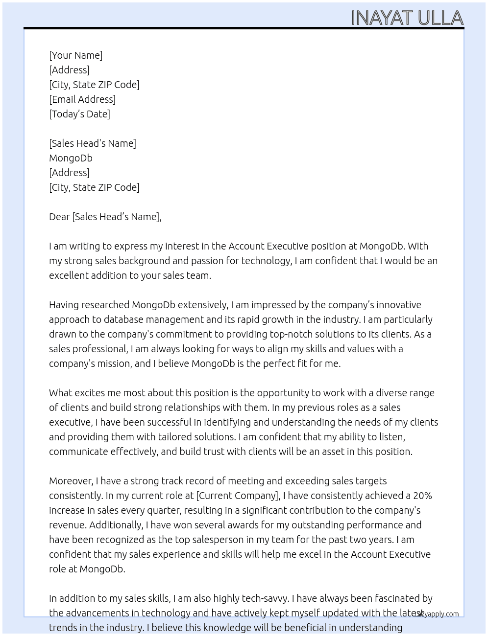 Account Executive At MongoDb Cover Letter