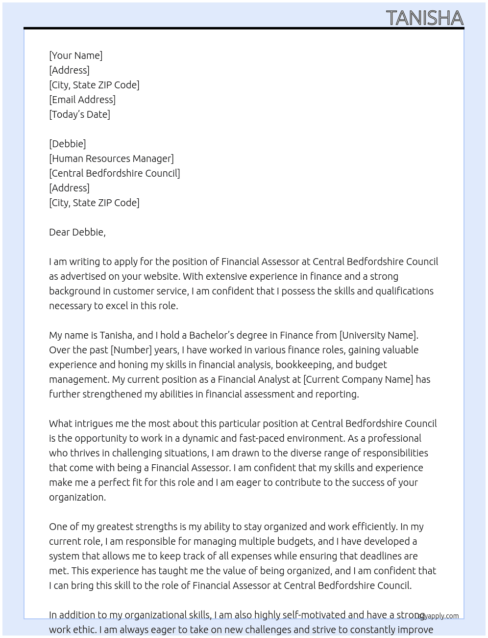 Financial Assessor At Central Bedfordshire Council Cover Letter