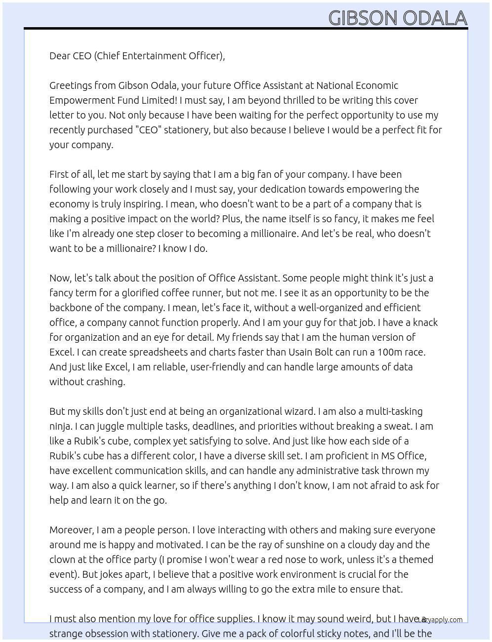 Office Assistant At National Economic Empowerment Fund Limited Cover Letter