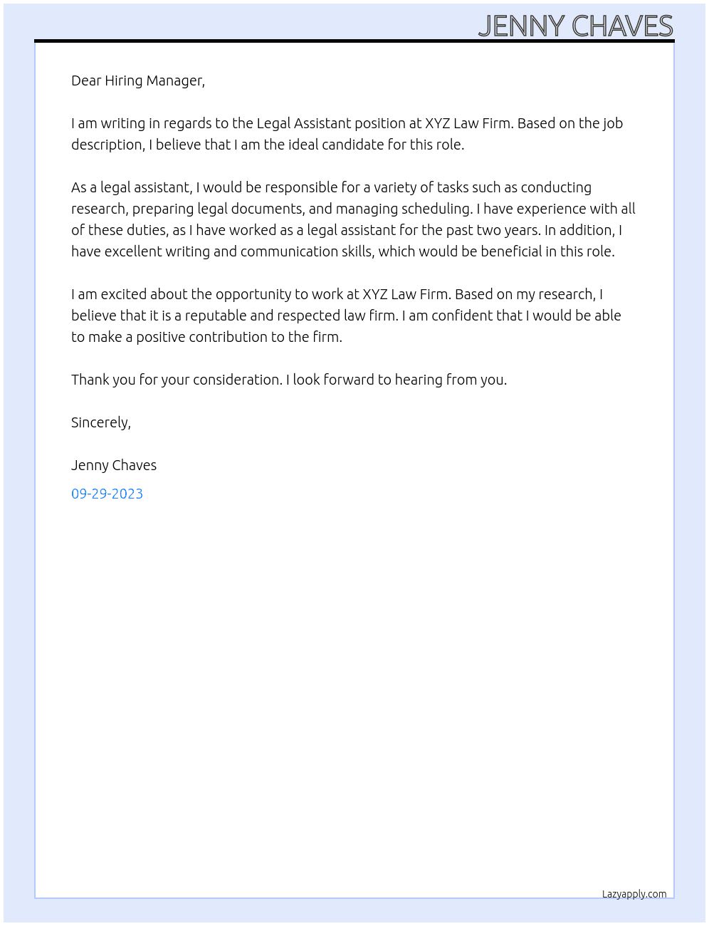 Legal Assistant At XYZ Law Firm Cover Letter
