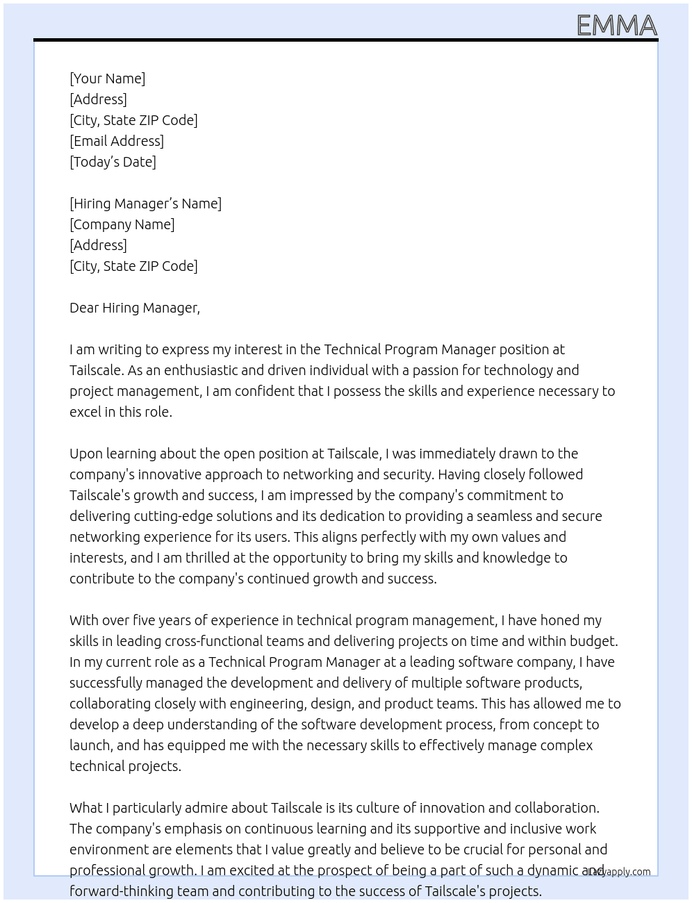 Technical Program Manager At Tailscale Cover Letter