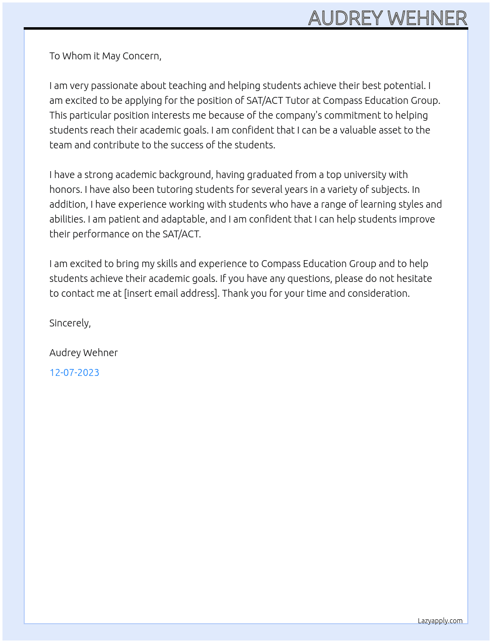 SAT/ACT Tutor At Compass Education Group Cover Letter