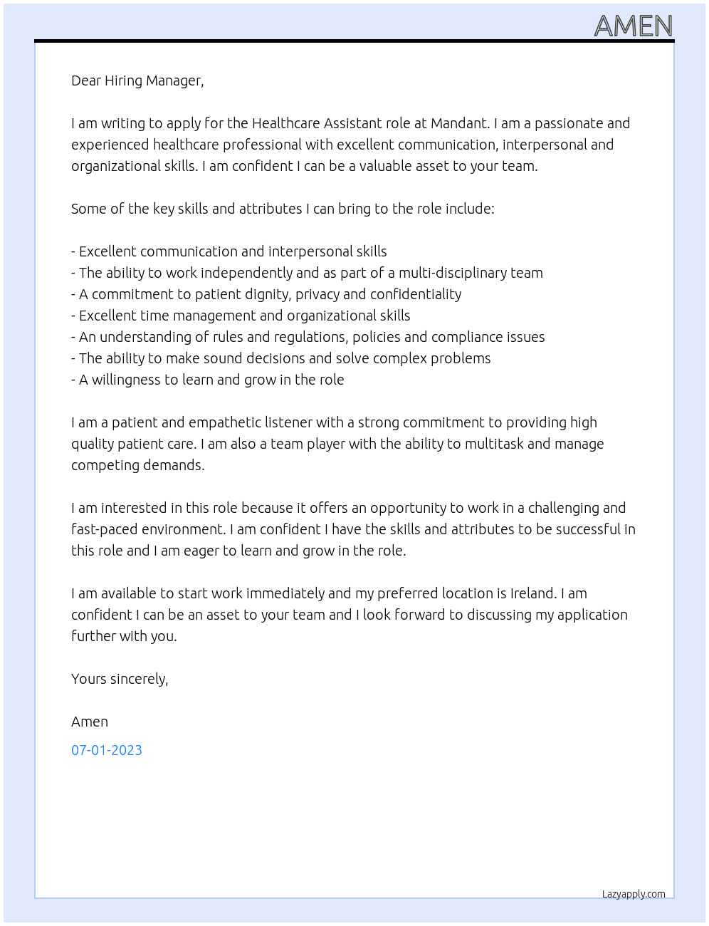 Healthcare Assistant At MANDANT Cover Letter