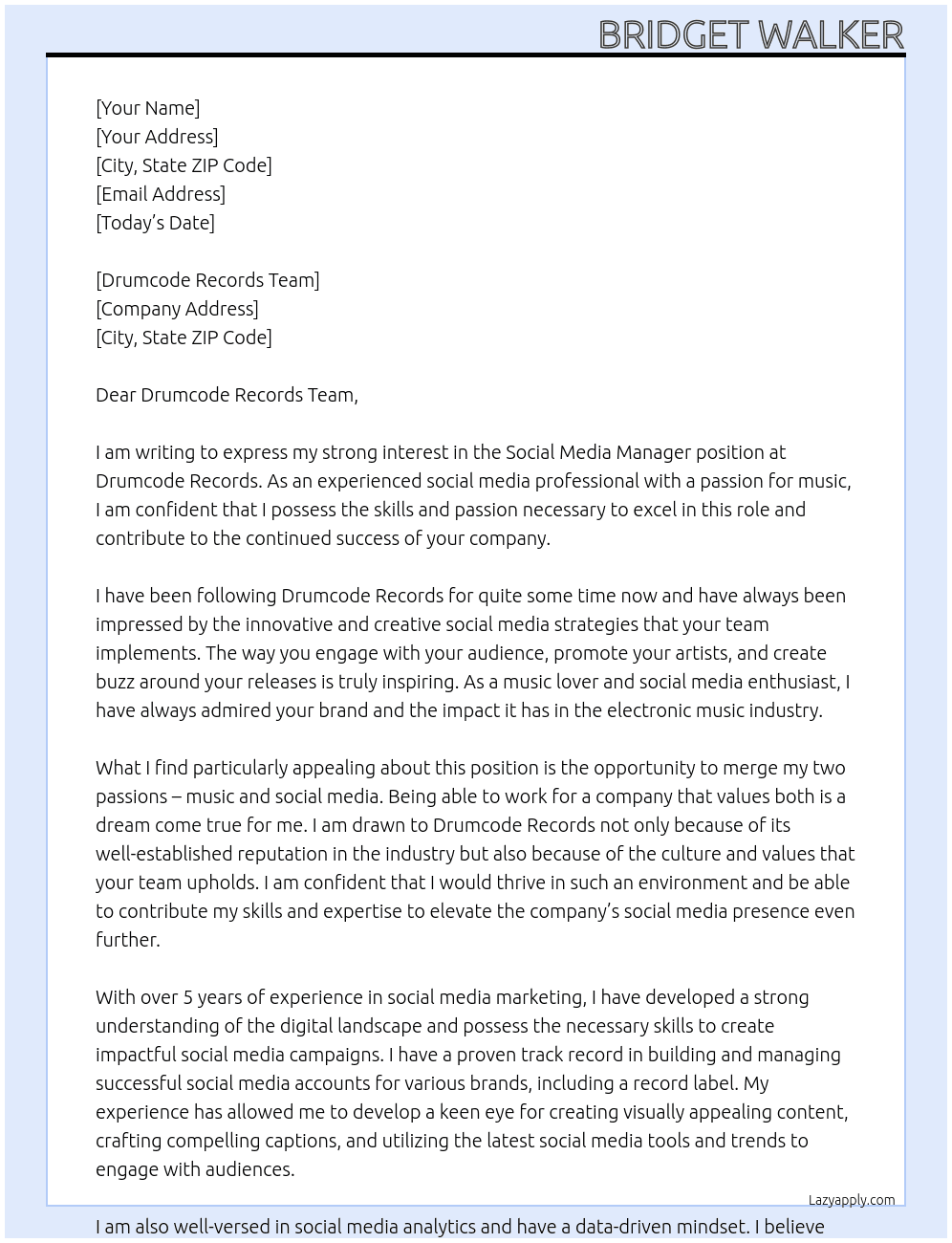 Social Media Manager At Drumcode Records Cover Letter