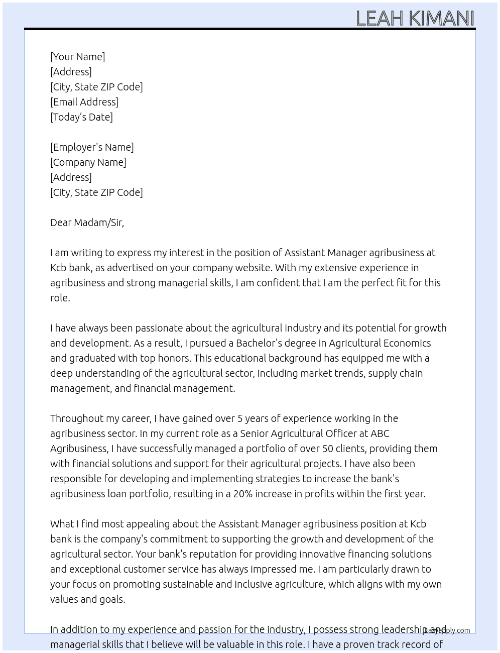 Cover letter for assistant manager agribusiness - LazyApply
