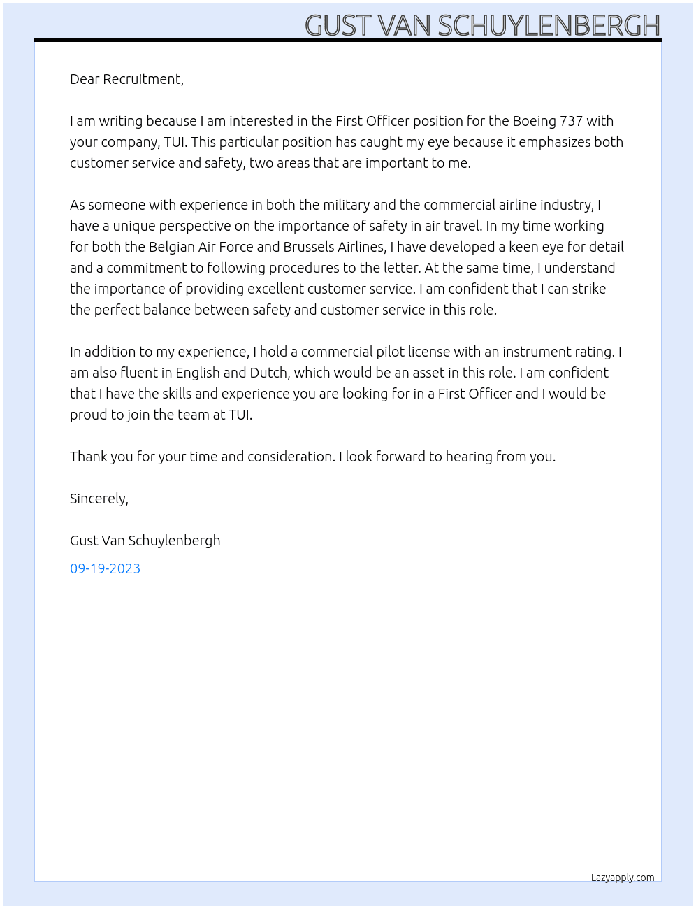 First officer Boeing 737 At TUI Cover Letter