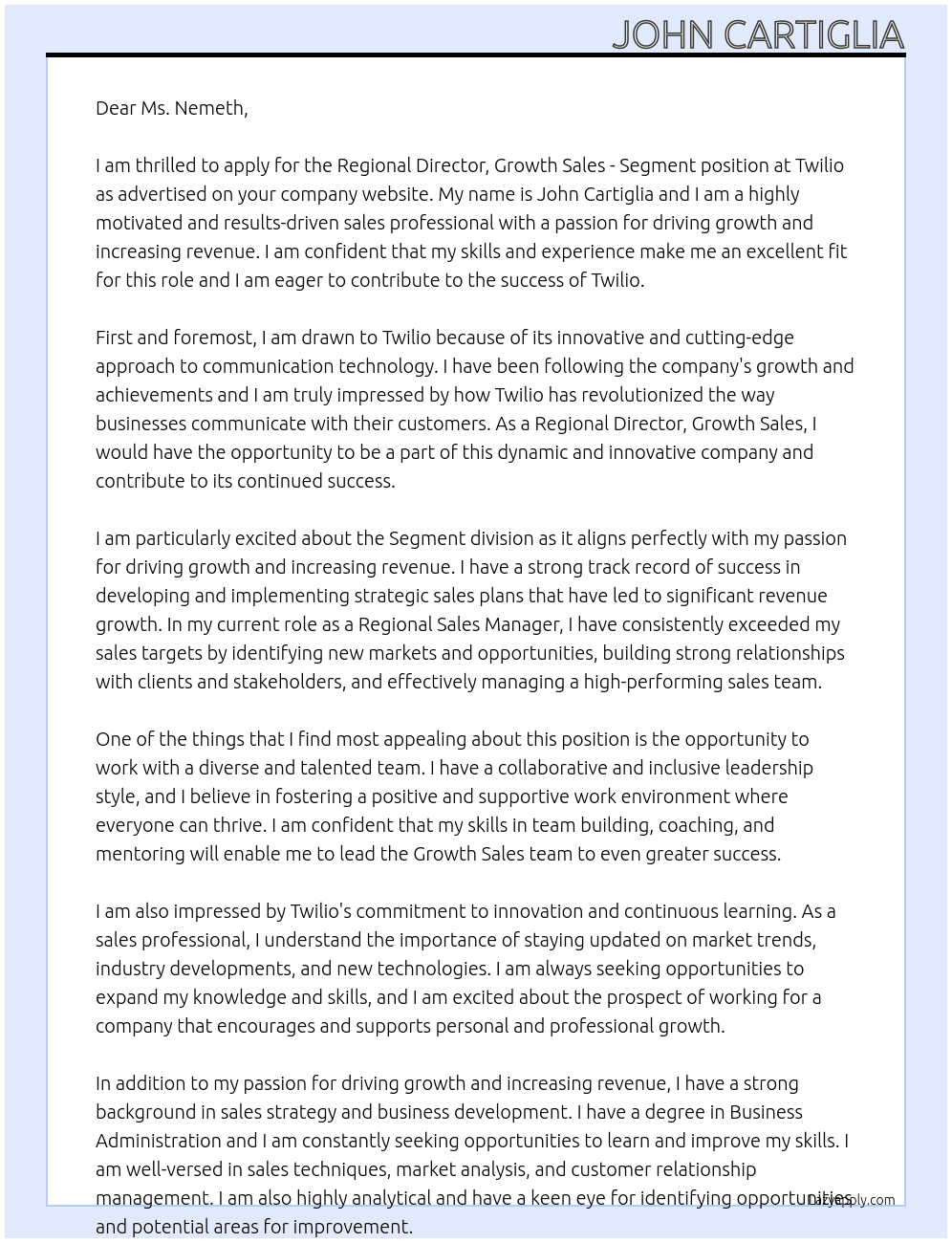 Regional Director, Growth Sales - Segment At Twilio Cover Letter