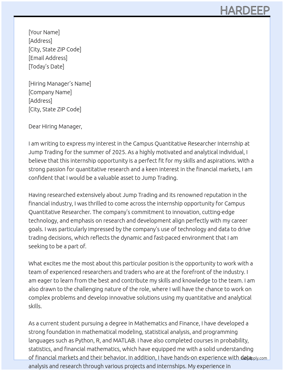 Campus Quantitative Researcher Internship (Summer 2025) At Jump Trading Cover Letter