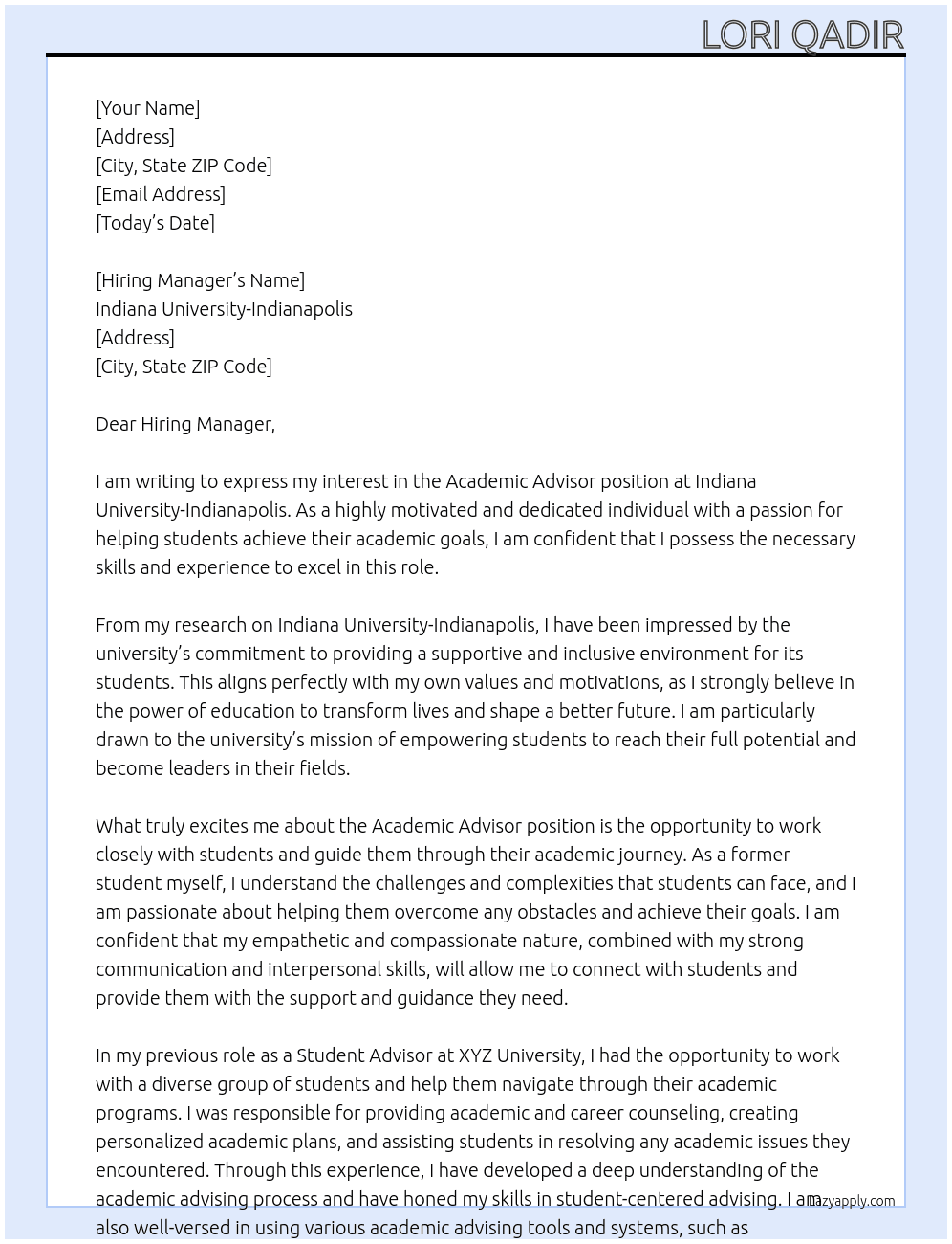 Academic Advisor At Indiana University-Indianapolis Cover Letter