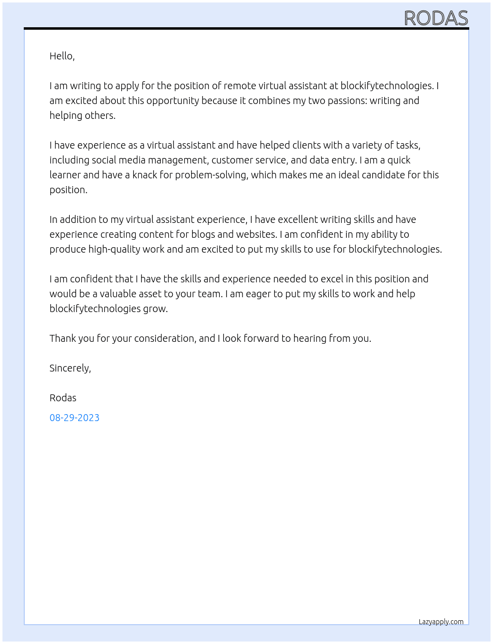 remote virtual assistant At blockifytechnologies Cover Letter