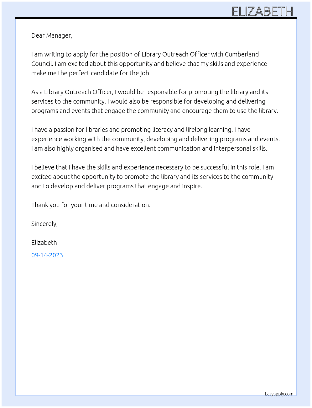 Library outreach officer At Cumberland council Cover Letter