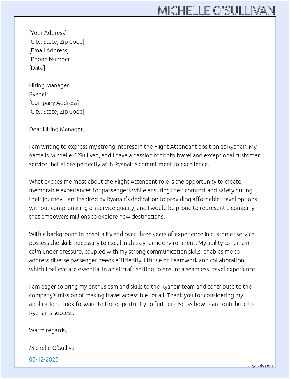 Flight Attendant At Ryanair Cover Letter