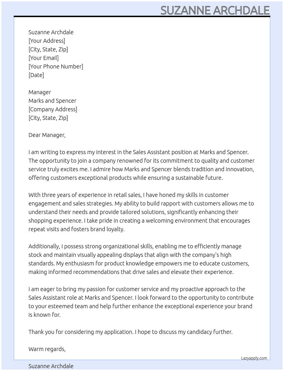 sales assistant At Marks and Spencer Cover Letter
