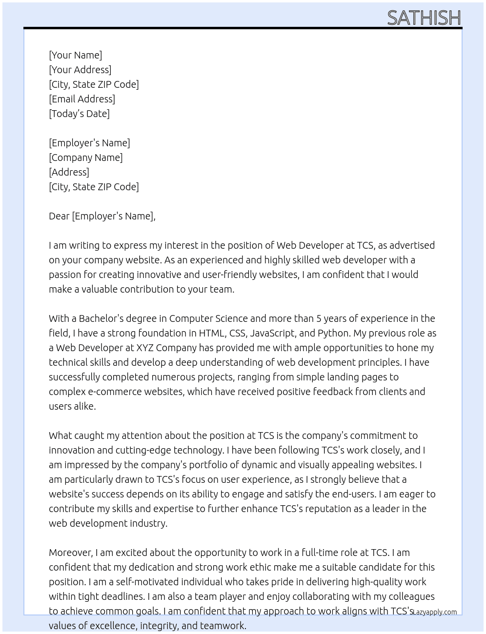 web developer At tcs Cover Letter