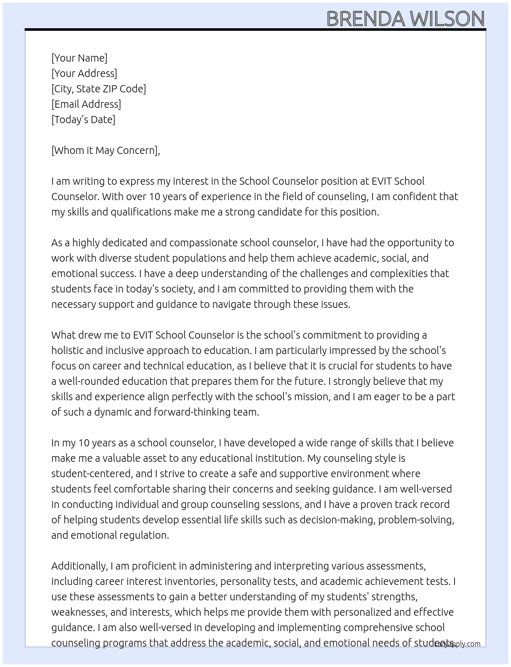 School Counselor At EVIT School Counselor Cover Letter