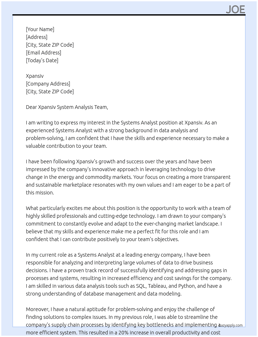 Systems Analyst At Xpansiv Cover Letter