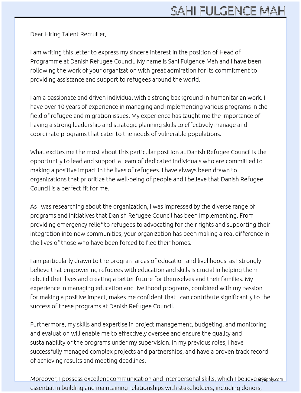 Head of programme At Danish Refugee council Cover Letter