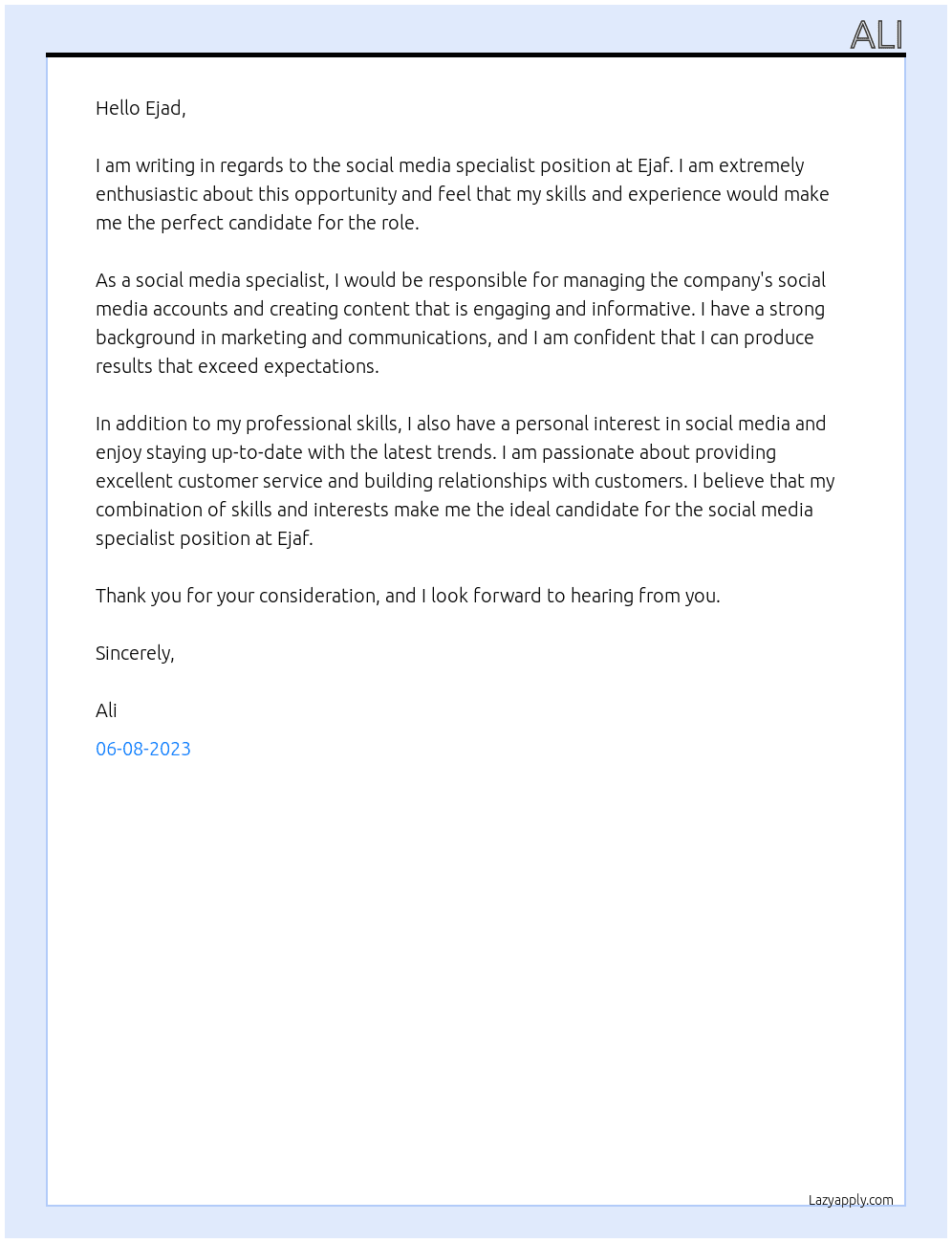 Social media specialist  At Ejaf Cover Letter