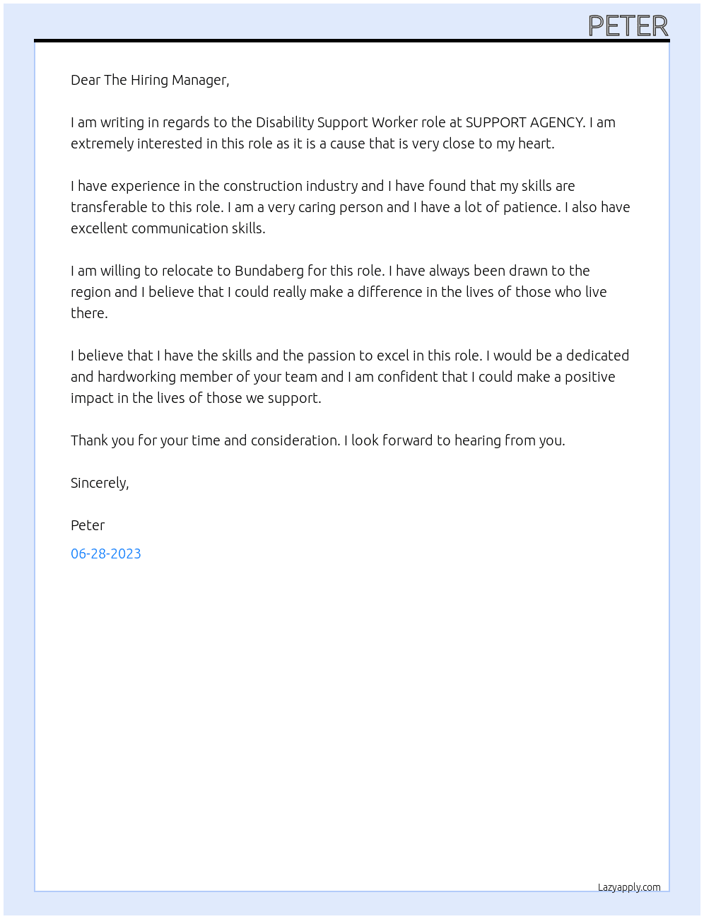 Disability Support Worker At SUPPORT AGENCY Cover Letter