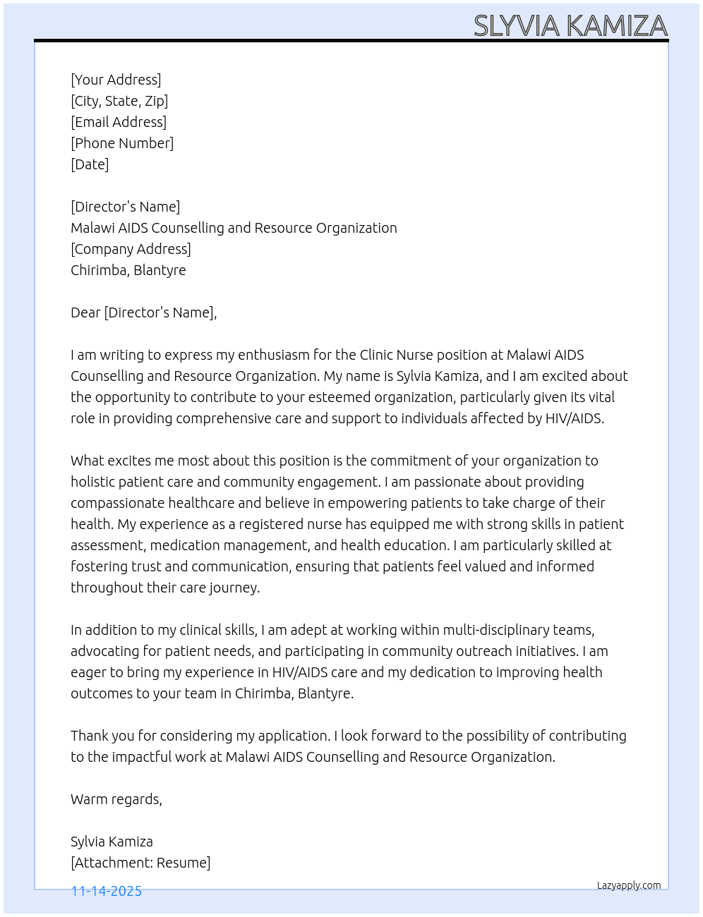 CLINIC NURSE At Malawi Aids Counselling and Resource organization Cover Letter