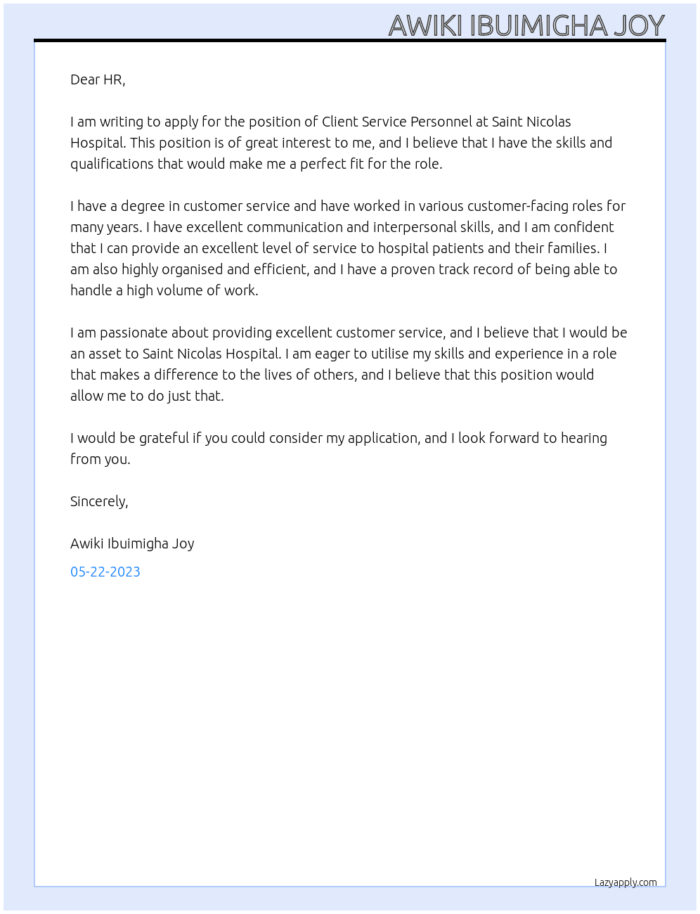 Client Service Personnel  At Saint Nicolas Hospital  Cover Letter