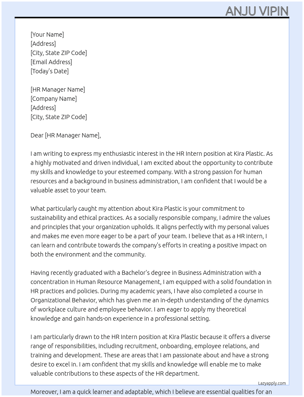 HR intern At Kira Plastic Cover Letter