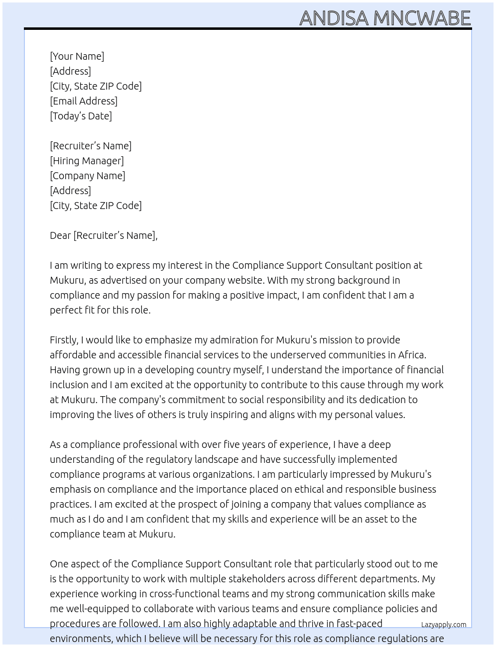 Compliance Support Consultant  At Mukuru Cover Letter