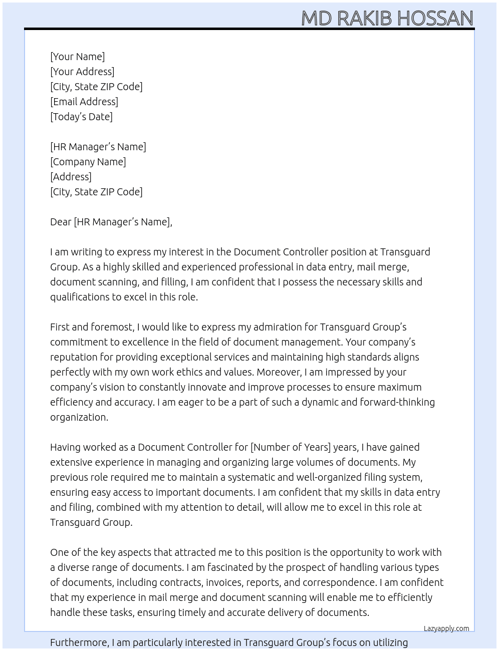 Document controller  At Transguard Group Cover Letter
