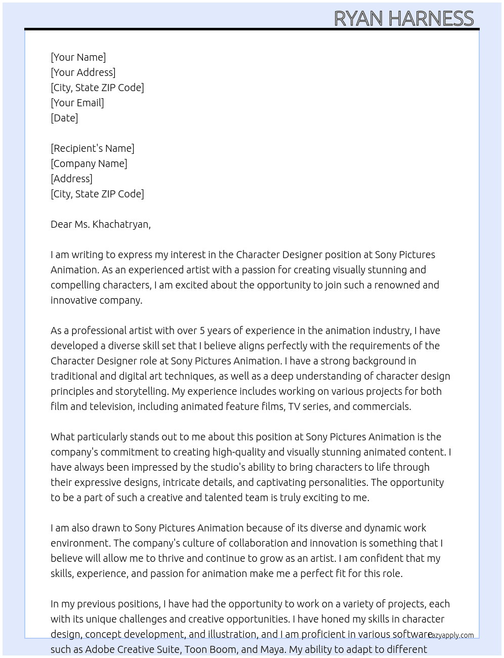 Character designer  At Sony Pictures Animation  Cover Letter
