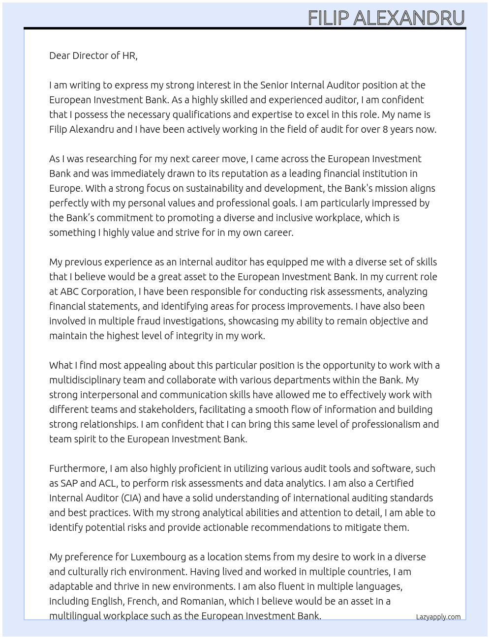 Senior internal auditor At Europeam Investment Bank Cover Letter