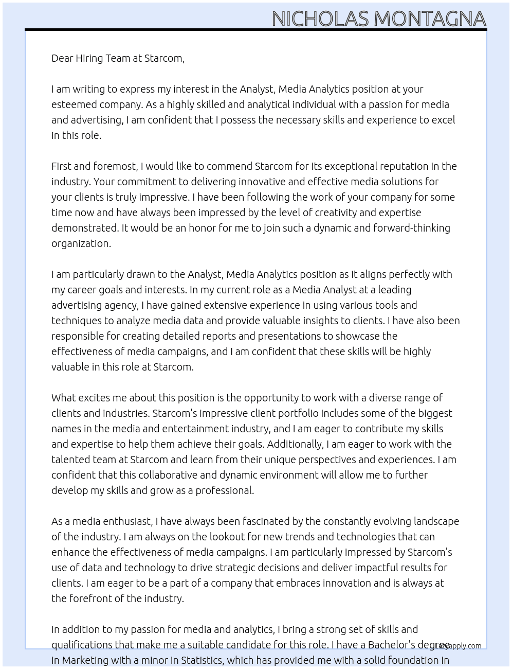 Analyst, Media Analytics At Starcom Cover Letter
