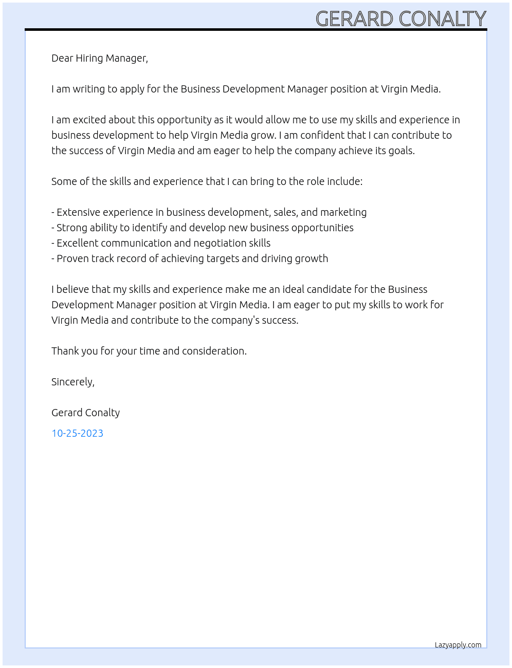 Business development manager  At Virgin Media  Cover Letter
