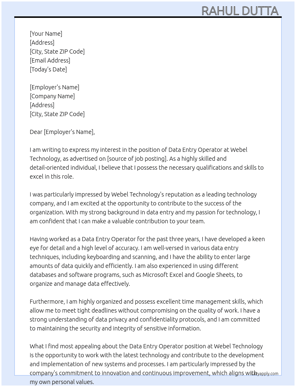 data entry operator At webel technology Cover Letter