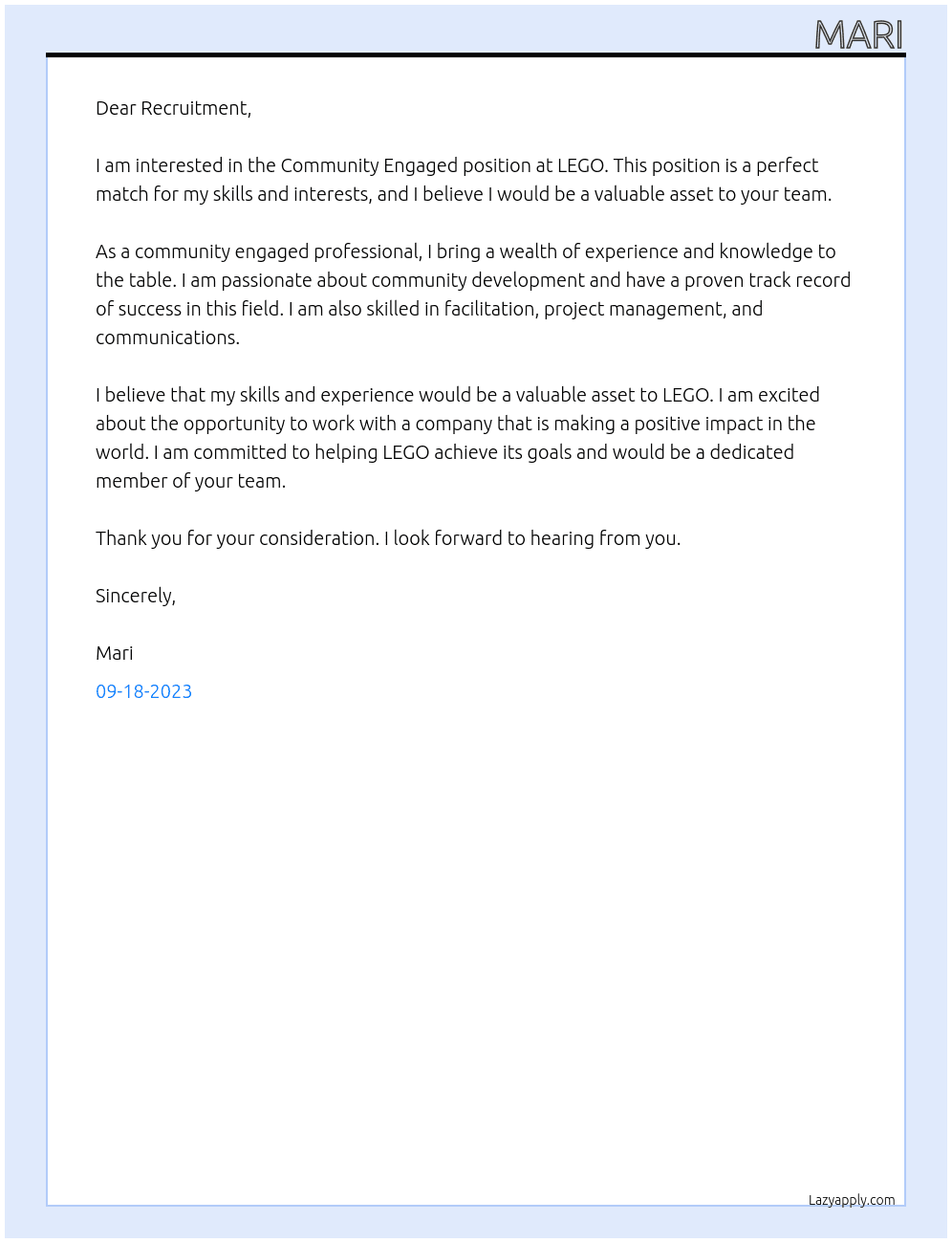 Community Engaged At LEGO Cover Letter