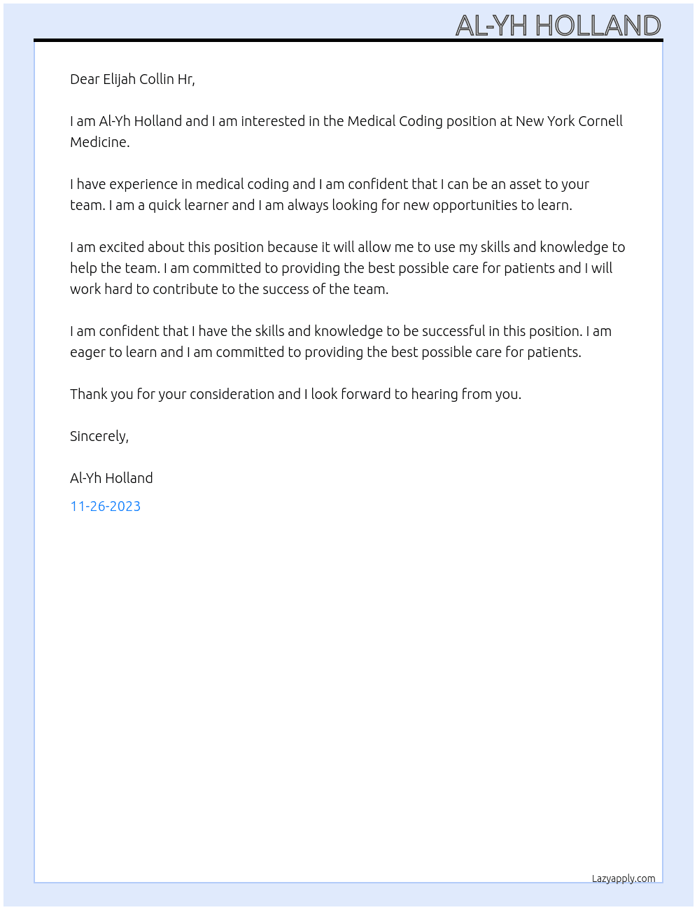 Medical Coding  At New York Cornell Medicine  Cover Letter
