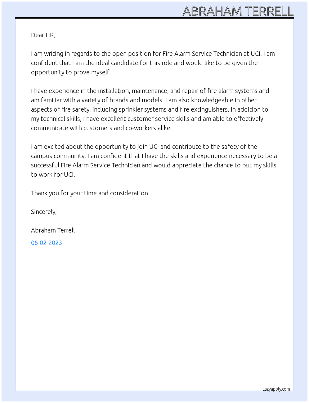 Fire Alarm Service Technician At UCI Cover Letter