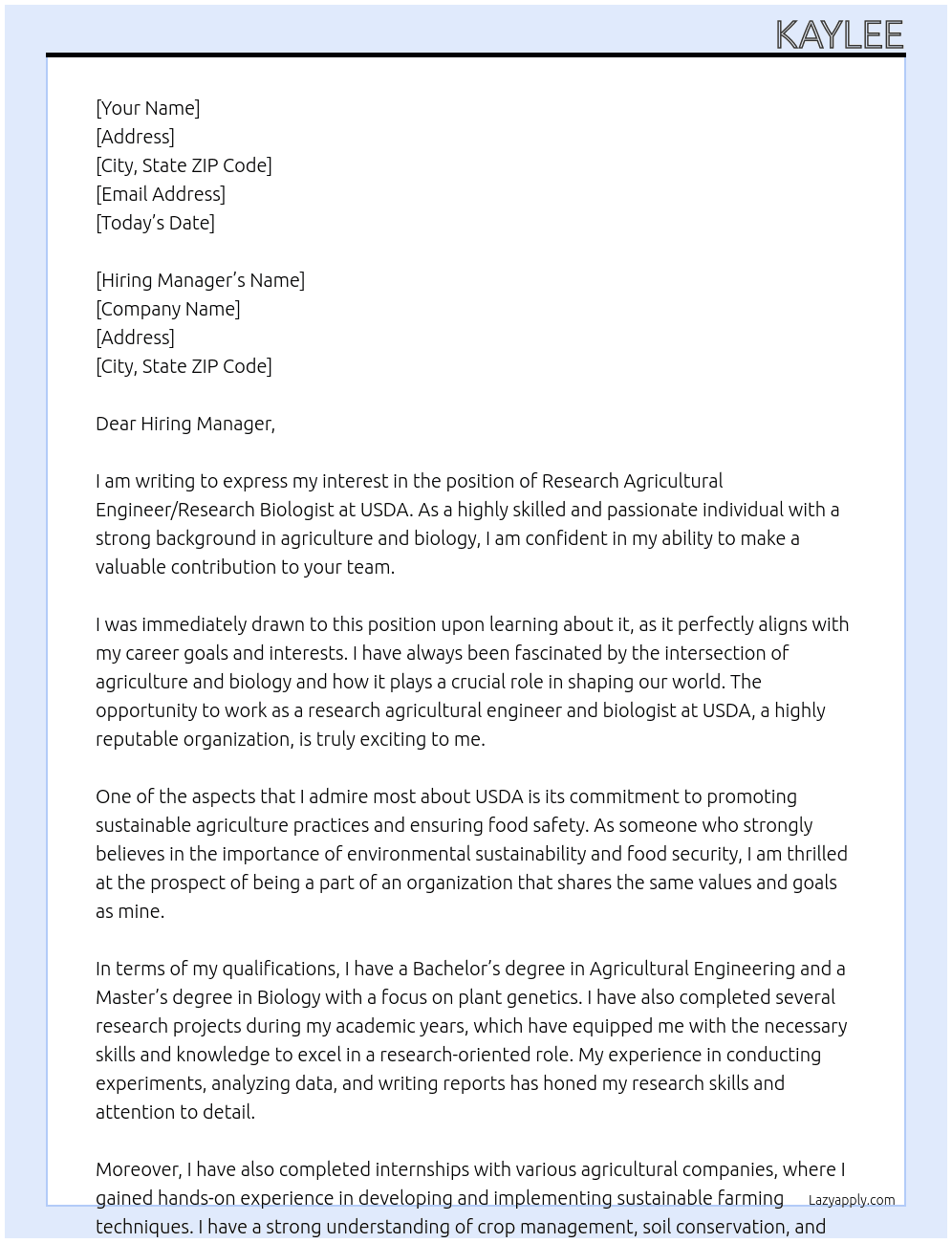 Research Agricultural Engineer/Research Biologist At USDA Cover Letter