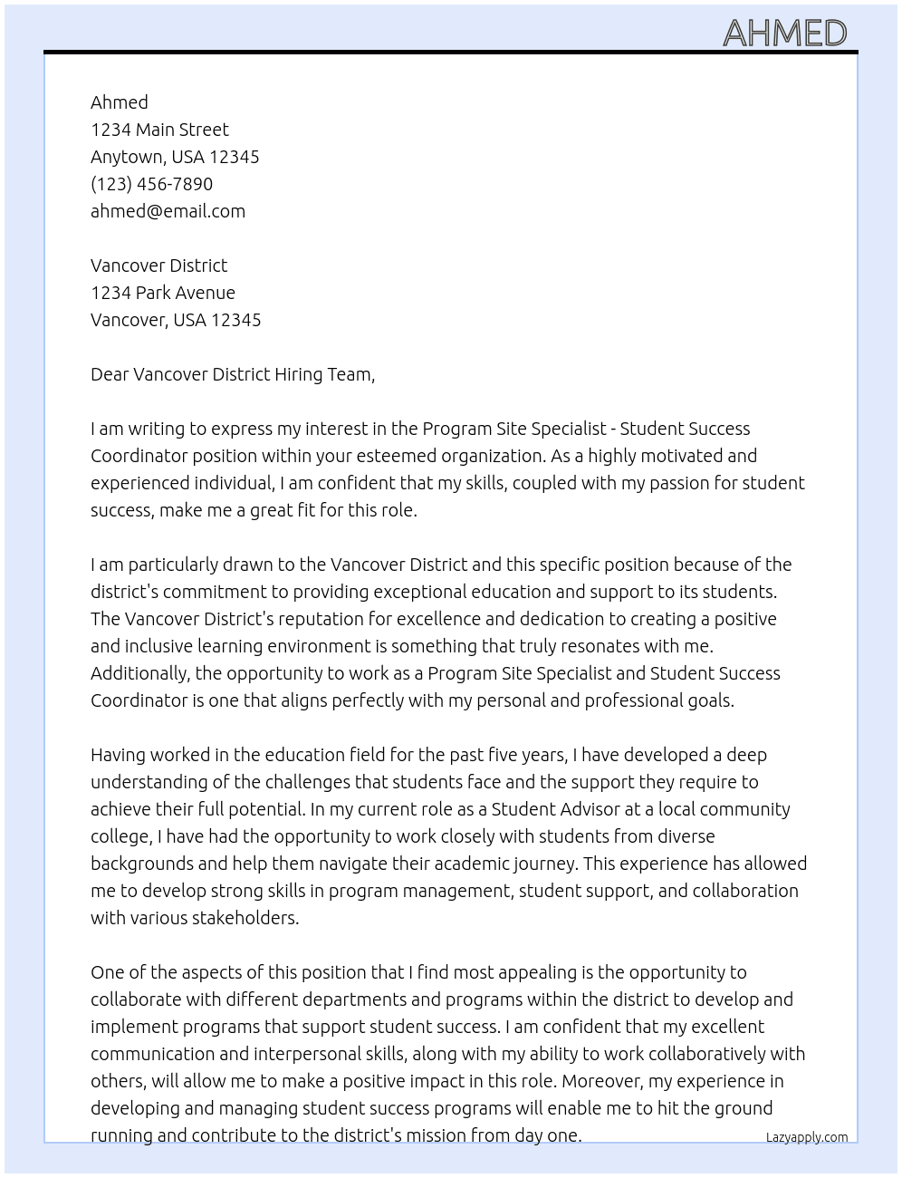 Program Site Specialist - Student Success Coordinator  At Vancover district  Cover Letter