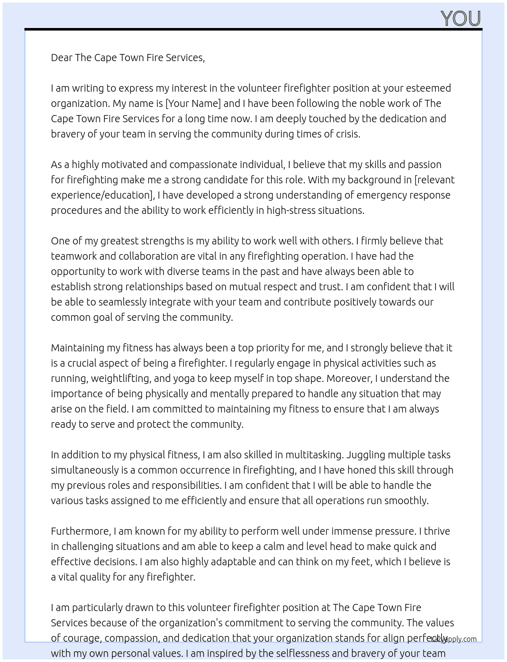 volunteer firefighter At the cape town fire services Cover Letter