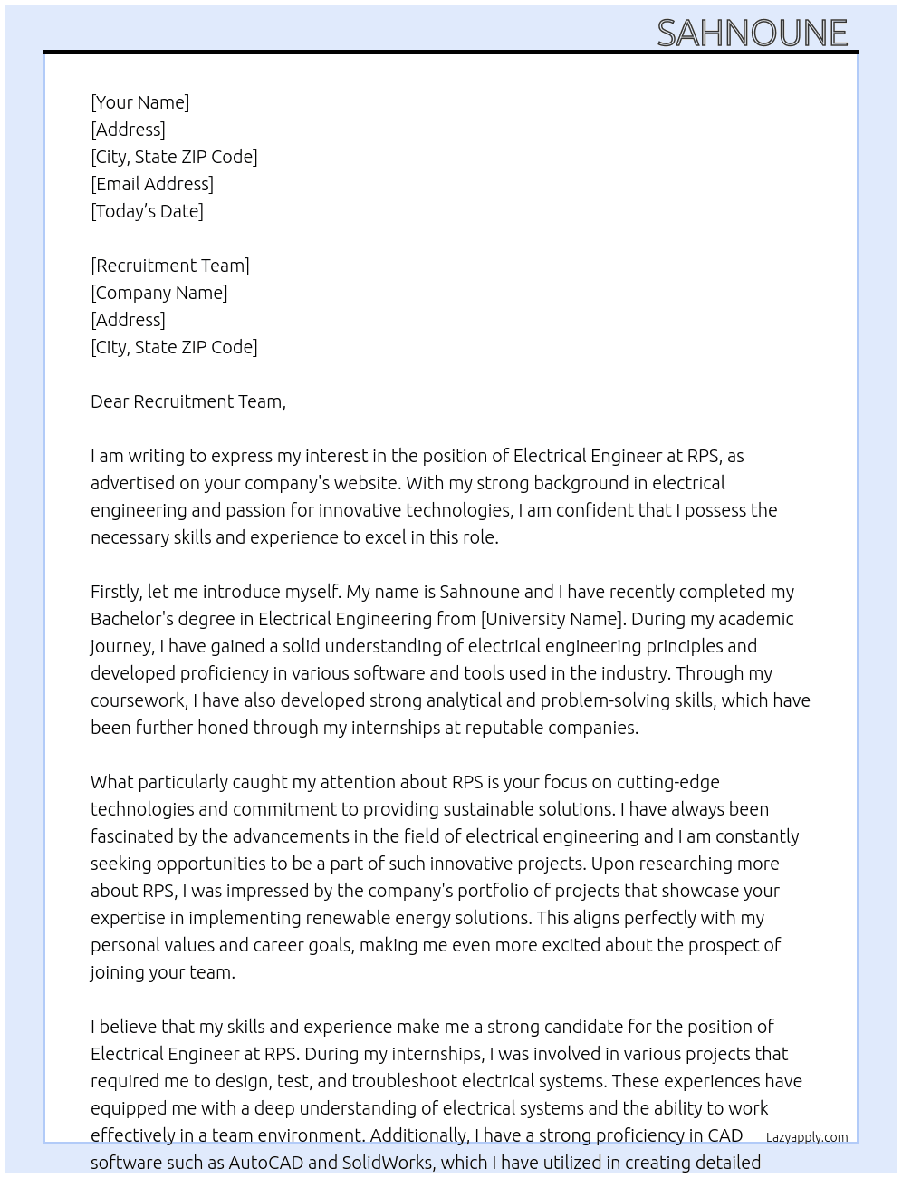 Electrical Engineer  At RPS Cover Letter