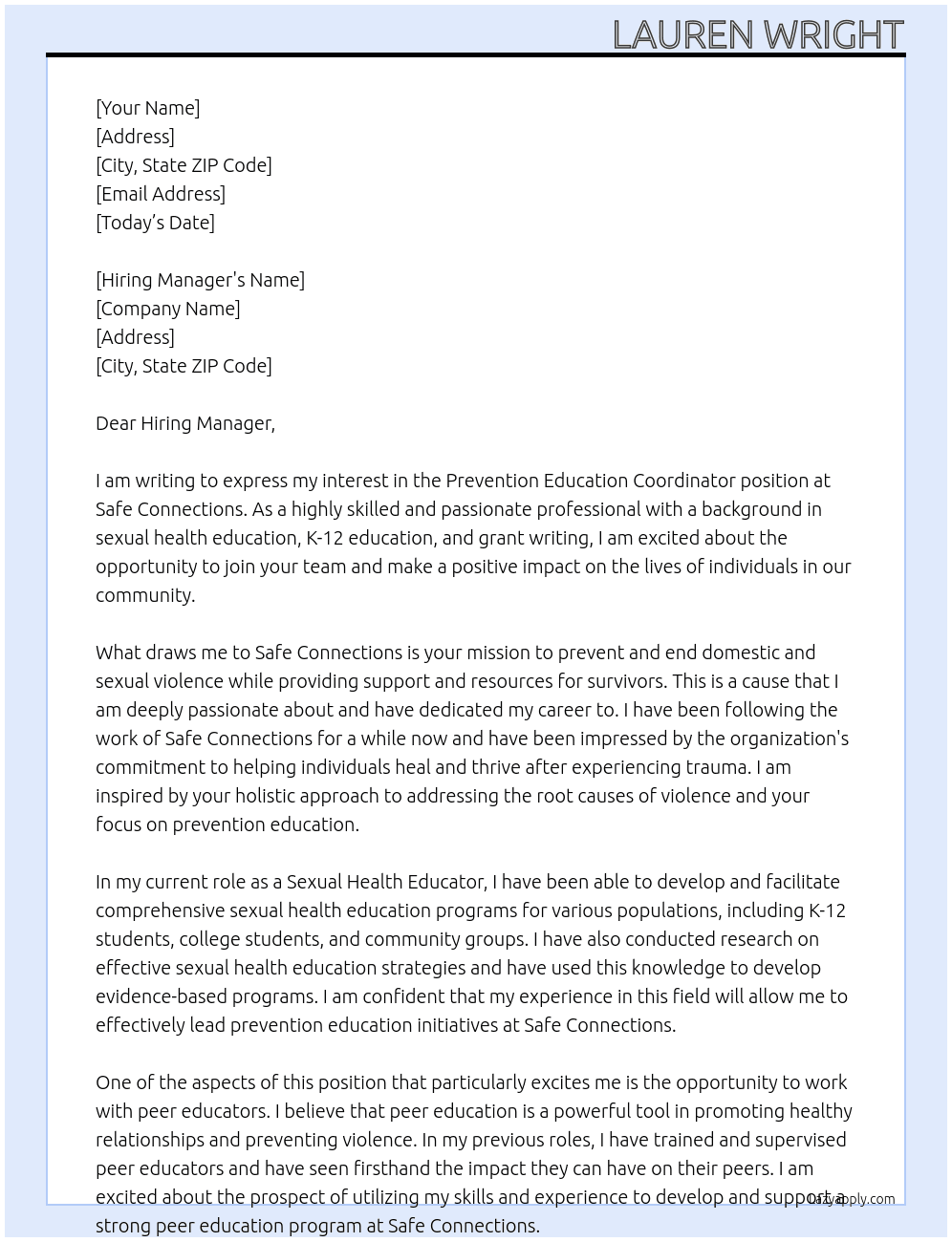 Prevention Education Coordinator At Safe Connections Cover Letter